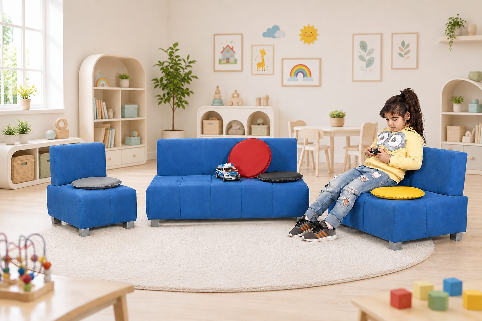 Blaue Kindersitzgruppe in einem hellen Gruppenraum